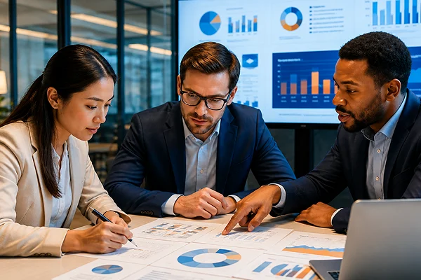 Business research team reviewing market dashboards